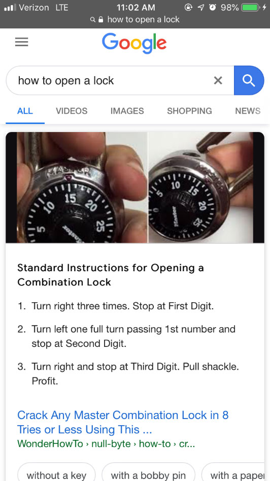 mobile google search engine results page of query how to open a lock