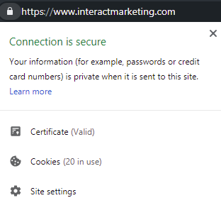 screenshot of connection is secure ssl certificate on interactmarketing.com